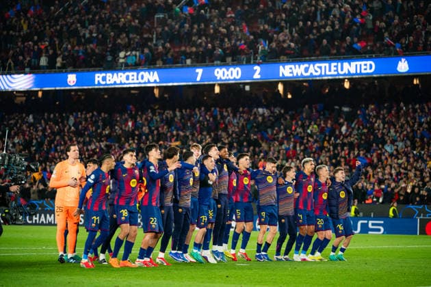 (260319) -- BARCELONA, March 19, 2026 -- Players of FC Barcelona, Barca celebrate winning the UEFA Champions League Round of 16 second leg match between FC Barcelona and Newcastle United FC in Barcelona, Spain, March 18, 2026. (Photo by Xinhua) (SP)SPAIN-BARCELONA-FOOTBALL-UEFA CHAMPIONS LEAGUE-FC BARCELONA VS NEWCASTLE UNITED FC JoanxGosa 