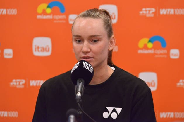 MIAMI GARDENS, FLORIDA - MARCH 18: Elena Rybakina (Kazakhstan) answer questions from the media at the 2026 Miami Open Day4 presented by Itau at Hard Rock Stadium on March 18, 2026 in Miami Gardens, Florida. Copyright: xmpi10x