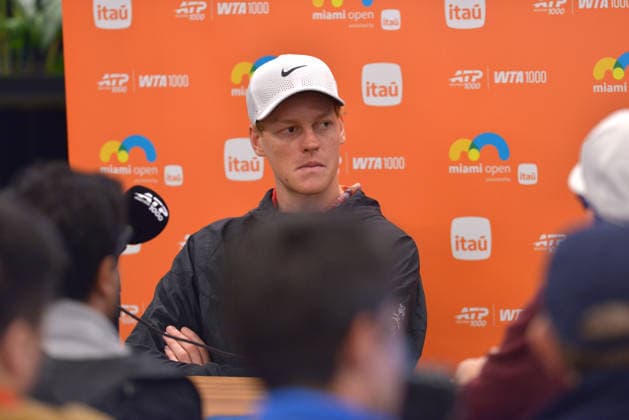 MIAMI GARDENS, FLORIDA - JANUARY 02: Jannik Sinner (Italy) answer questions from the media at the 2026 Miami Open Day4 presented by Itau at Hard Rock Stadium on March 18, 2026 in Miami Gardens, Florida. Copyright: xmpi10x