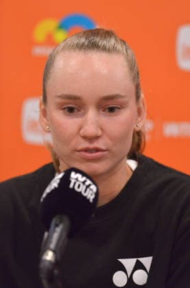MIAMI GARDENS, FLORIDA - MARCH 18: Elena Rybakina (Kazakhstan) answer questions from the media at the 2026 Miami Open Day4 presented by Itau at Hard Rock Stadium on March 18, 2026 in Miami Gardens, Florida. Copyright: xmpi10x