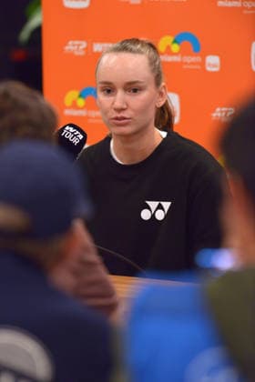 MIAMI GARDENS, FLORIDA - MARCH 18: Elena Rybakina (Kazakhstan) answer questions from the media at the 2026 Miami Open Day4 presented by Itau at Hard Rock Stadium on March 18, 2026 in Miami Gardens, Florida. Copyright: xmpi10x