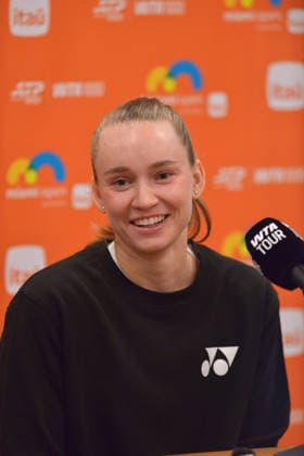 MIAMI GARDENS, FLORIDA - MARCH 18: Elena Rybakina (Kazakhstan) answer questions from the media at the 2026 Miami Open Day4 presented by Itau at Hard Rock Stadium on March 18, 2026 in Miami Gardens, Florida. Copyright: xmpi10x