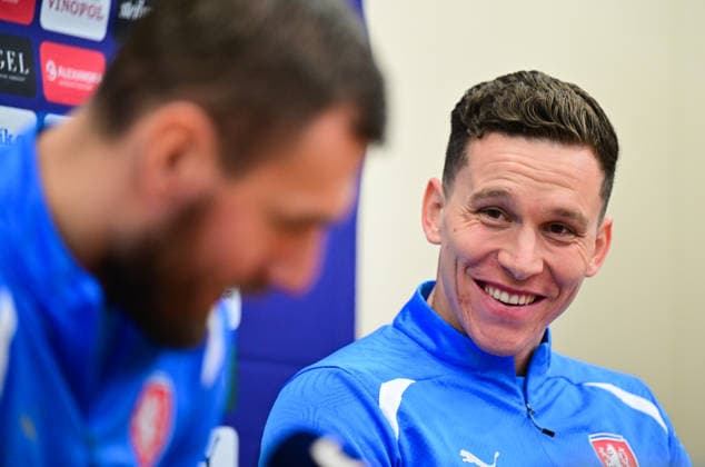 A first part of the Czech national football team has started its preparation for the World Cup play-offs in Prague, Czech Republic, on March 19, 2026. From left: Tomas Chory and Lukas Provod during a meeting with the media. (CTKxPhoto RomanxVondrous) CTKPhotoP2026031903129  CTKPhotoP2026031903129