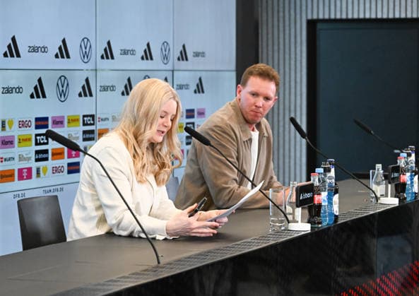 19 03 2026, xsltx, Fußball DFB Medientermine, DFB Pressekonferenz Kaderbekanngabe v l Franziska Wülle Press Spokeswoman DFB and Julian Nagelsmann Bundestrainer Deutsche Nationalmannschaft at the announcement of the squad for the test matches in March DFL DFB REGULATIONS PROHIBIT ANY USE OF PHOTOGRAPHS as IMAGE SEQUENCES and or QUASI VIDEO