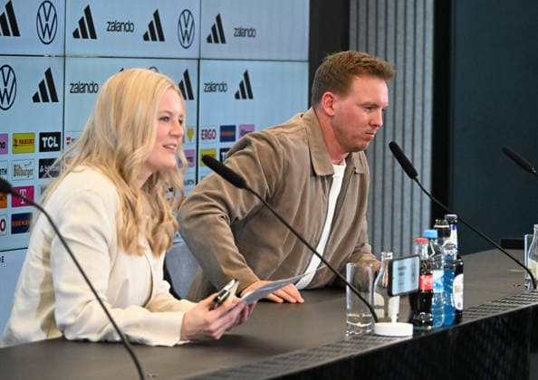 19 03 2026, xsltx, Fußball DFB Medientermine, DFB Pressekonferenz Kaderbekanngabe v l Franziska Wülle Press Spokeswoman DFB and Julian Nagelsmann Bundestrainer Deutsche Nationalmannschaft at the announcement of the squad for the test matches in March DFL DFB REGULATIONS PROHIBIT ANY USE OF PHOTOGRAPHS as IMAGE SEQUENCES and or QUASI VIDEO
