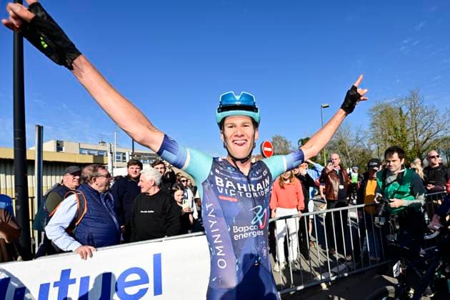 Grand Prix de Denain - Porte du Hainaut 2026 Cycling Race DENAIN, FRANCE - MARCH 19 : Segaert Alec (BEL) of Bahrain - Victorious celebrates the victory during the 67th edition of Grand Prix de Denain - Porte du Hainaut an UCI ProSeries 1.Pro one day cycling road race for Men Elite of km with start in Denain and finish in Denain on March 19, 2026 in Denain, France, 19 03 2026 ( Motordriver Pieter Vanherzeele - Denain France  Copyright: xJanxDexMeuleneirx