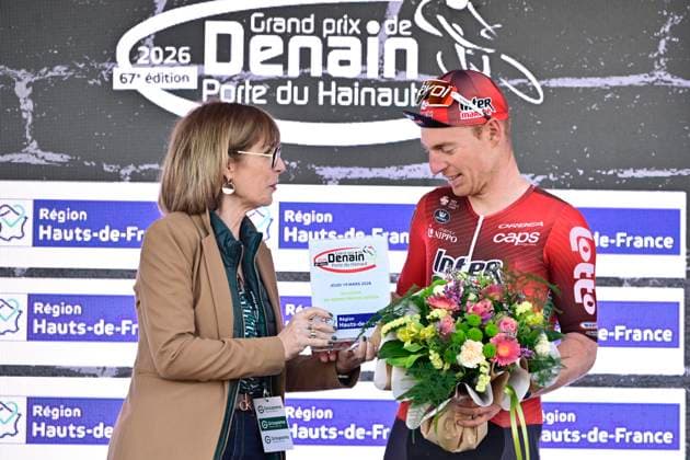 Grand Prix de Denain - Porte du Hainaut 2026 Cycling Race DENAIN, FRANCE - MARCH 19 : Menten Milan (BEL) of Lotto - Intermarche pictured during the podium ceremony of the 67th edition of Grand Prix de Denain - Porte du Hainaut an UCI ProSeries 1.Pro one day cycling road race for Men Elite of km with start in Denain and finish in Denain on March 19, 2026 in Denain, France, 19 03 2026 ( Motordriver Pieter Vanherzeele - Denain France  Copyright: xJanxDexMeuleneirx