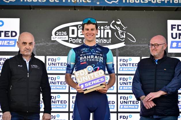 Grand Prix de Denain - Porte du Hainaut 2026 Cycling Race DENAIN, FRANCE - MARCH 19 : Segaert Alec (BEL) of Bahrain - Victorious pictured during the podium ceremony of the 67th edition of Grand Prix de Denain - Porte du Hainaut an UCI ProSeries 1.Pro one day cycling road race for Men Elite of km with start in Denain and finish in Denain on March 19, 2026 in Denain, France, 19 03 2026 ( Motordriver Pieter Vanherzeele - Denain France  Copyright: xJanxDexMeuleneirx