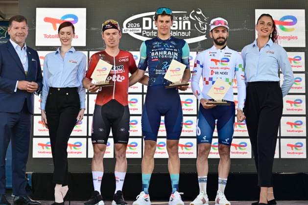 Grand Prix de Denain - Porte du Hainaut 2026 Cycling Race DENAIN, FRANCE - MARCH 19 : Menten Milan (BEL) of Lotto - Intermarche, Segaert Alec (BEL) of Bahrain - Victorious and Turgis Anthony (FRA) of TotalEnergies pictured during the podium ceremony of the 67th edition of Grand Prix de Denain - Porte du Hainaut an UCI ProSeries 1.Pro one day cycling road race for Men Elite of km with start in Denain and finish in Denain on March 19, 2026 in Denain, France, 19 03 2026 ( Motordriver Pieter Vanherzeele - Denain France  Copyright: xJanxDexMeuleneirx