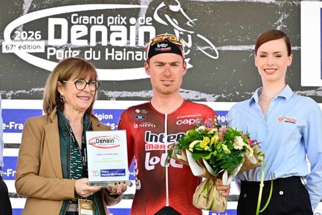 Grand Prix de Denain - Porte du Hainaut 2026 Cycling Race DENAIN, FRANCE - MARCH 19 : Menten Milan (BEL) of Lotto - Intermarche pictured during the podium ceremony of the 67th edition of Grand Prix de Denain - Porte du Hainaut an UCI ProSeries 1.Pro one day cycling road race for Men Elite of km with start in Denain and finish in Denain on March 19, 2026 in Denain, France, 19 03 2026 ( Motordriver Pieter Vanherzeele - Denain France  Copyright: xJanxDexMeuleneirx