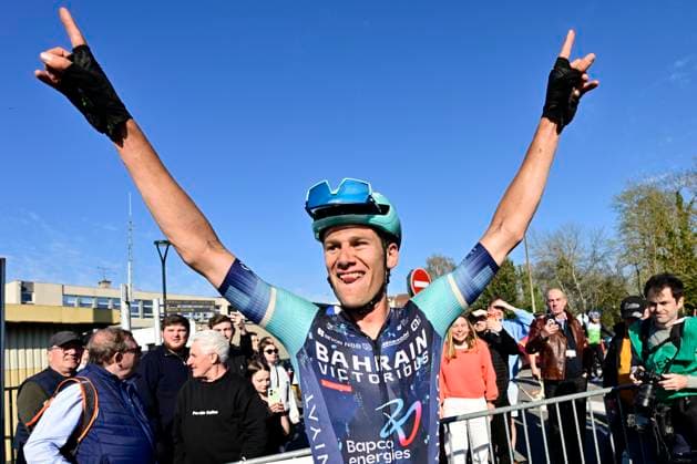 Grand Prix de Denain - Porte du Hainaut 2026 Cycling Race DENAIN, FRANCE - MARCH 19 : Segaert Alec (BEL) of Bahrain - Victorious celebrates the victory during the 67th edition of Grand Prix de Denain - Porte du Hainaut an UCI ProSeries 1.Pro one day cycling road race for Men Elite of km with start in Denain and finish in Denain on March 19, 2026 in Denain, France, 19 03 2026 ( Motordriver Pieter Vanherzeele - Denain France  Copyright: xJanxDexMeuleneirx