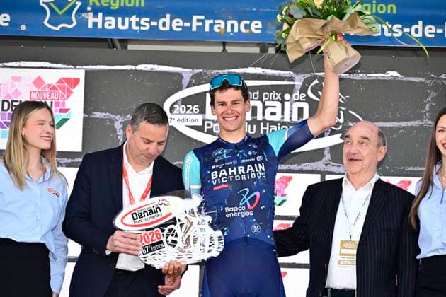 Grand Prix de Denain - Porte du Hainaut 2026 Cycling Race DENAIN, FRANCE - MARCH 19 : Segaert Alec (BEL) of Bahrain - Victorious pictured during the podium ceremony of the 67th edition of Grand Prix de Denain - Porte du Hainaut an UCI ProSeries 1.Pro one day cycling road race for Men Elite of km with start in Denain and finish in Denain on March 19, 2026 in Denain, France, 19 03 2026 ( Motordriver Pieter Vanherzeele - Denain France  Copyright: xJanxDexMeuleneirx