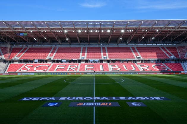 Stadium panorama, wide angle, stands, seats, standing room, crest, logo , Germany, football, UEFA Europa League, round of 16, second leg, 2025 2026, SC Freiburg vs KRC Genk, 19 03 2026, Europa Park Stadion, Freiburg, Germany Freiburg Europa Park Stadion Baden Württemberg Germany Copyright: xArnexAmbergx