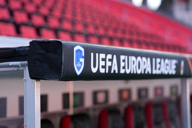 Crest, Logo, Coachs bench, Substitutes bench, Bench, Europa League lettering, Germany, Football, UEFA Europa League, Round of 16, Second leg, 2025 2026, SC Freiburg vs KRC Genk, 19 03 2026, Europa Park Stadion, Freiburg, Germany Freiburg Europa Park Stadion Baden Württemberg Germany Copyright: xArnexAmbergx