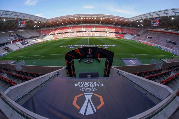 Stadium panorama, wide angle, stands, seats, standing room, crest, logo, cup, Germany, football, UEFA Europa League, round of 16, second leg, 2025 2026, SC Freiburg vs KRC Genk, 19 03 2026, Europa Park Stadion, Freiburg, Germany Freiburg Europa Park Stadion Baden Württemberg Germany Copyright: xArnexAmbergx