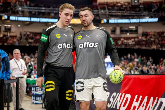 19 03 2026, Handball, international match men, Germany Egypt, Westfalenhalle Dortmund Lasse Ludwig Germany 12 next to Jannik Kohlbacher Germany 80 North Rhine-Westphalia Germany