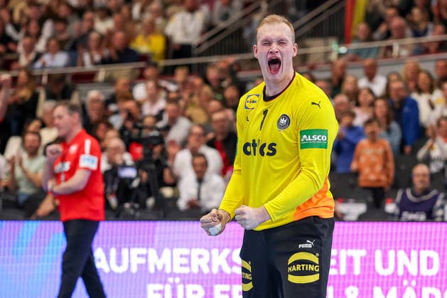19 03 2026, Handball, international match men, Germany Egypt, Westfalenhalle Dortmund David Späth Germany 01 cheering North Rhine-Westphalia Germany