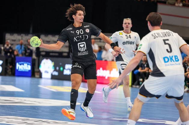 19 03 2026, Handball, international match men, Germany Egypt, Westfalenhalle Dortmund Ali Zein Egypt 90 in action next to Justus Fischer Germany 54 Miro Schluroff Germany 05 North Rhine-Westphalia Germany