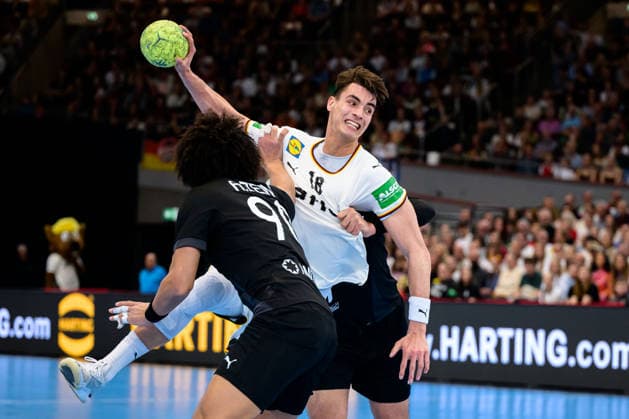 Dortmund international handball match Germany Egypt from left in duel Ali Zein Egypt and Julian Köster Koester Germany Dortmund Westfalenhalle Nordrhein Westfalen Germany