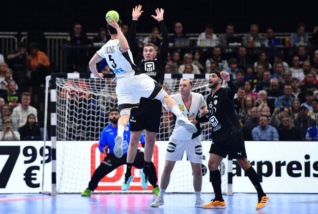 Handball international match Germany Egypt on 19 03 20226 in the Westfalenhalle in Dortmund from left to right Miro Schluroff Germany , Hesham Salah Egypt , Justus Fischer Germany , Mahmoud Abdelaziz Egypt North Rhine-Westphalia Germany