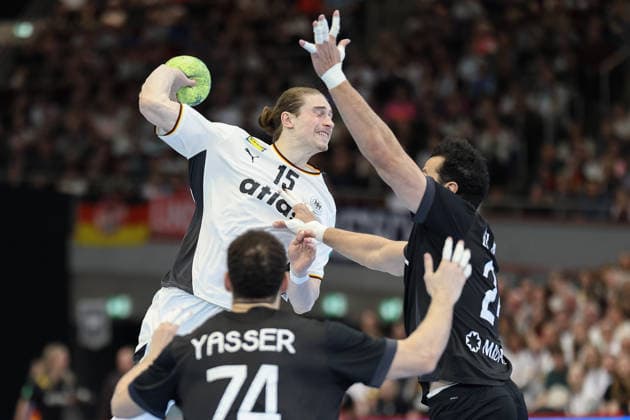 Germany Egypt, handball test match Juri Knorr Germany, 15 against Yasser Seif Egypt, 74 and Ibrahim Elmasry Egypt, 24 Mens international handball match between Germany and Egypt at the Westfalenhalle in Dortmund on March 19, 2026, Dortmund North Rhine-Westphalia Germany Westfalenhalle