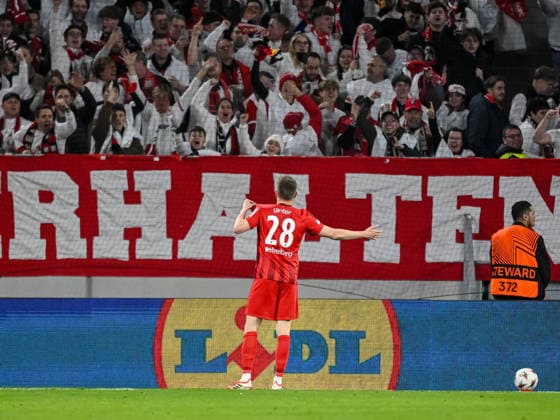 Matthias Ginter SC Freiburg celebrates after scoring his team s first goal during the UEFA Europa League 2025 26 Round of 16 Second Leg match between SC Freiburg and KRC Genk at Stadion am Wolfswinkel on March 19, 2026 in Freiburg im Breisgau, Germany Photo by Harry Langer DeFodi Images
