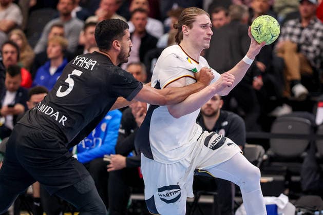 19 03 2026, Handball, international match men, Germany Egypt, Westfalenhalle Dortmund Yehia Khaled Egypt 05 in a duel against Juri Knorr Germany 15 North Rhine-Westphalia Germany