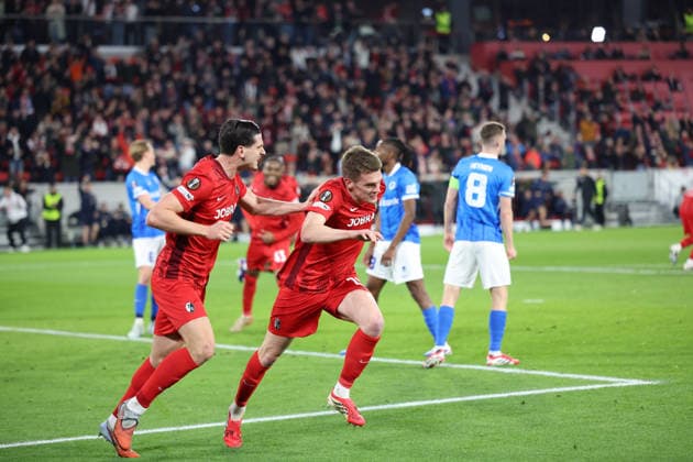 19 03 2026, xrekx, Football UEFA Europa League, SC Freiburg KRC Genk v l Goal celebration after the goal to celebrate the goal celebrate 1 0 by Matthias Ginter SC Freiburg with Igor Matanovic SC Freiburg DFL DFB REGULATIONS PROHIBIT ANY USE OF PHOTOGRAPHS as IMAGE SEQUENCES and or QUASI VIDEO Freiburg