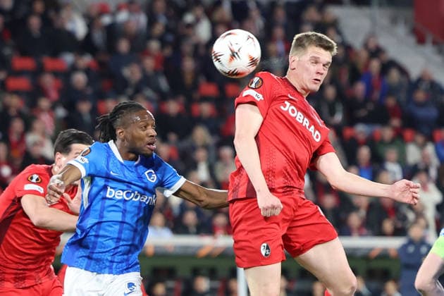 19 03 2026, xrekx, Football UEFA Europa League, SC Freiburg KRC Genk v l Header to 1 0 by Matthias Ginter SC Freiburg DFL DFB REGULATIONS PROHIBIT ANY USE OF PHOTOGRAPHS as IMAGE SEQUENCES and or QUASI VIDEO Freiburg