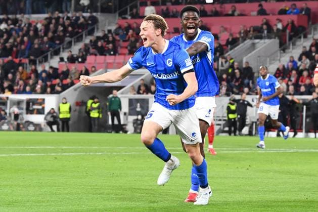 Genk s Matte Smets celebrates after scoring during a soccer game between German Club Freiburg and Belgian KRC Genk in Freiburg im Breisgau, Germany on Thursday 19 March 2026, the return leg of the 1 16 Finals of the UEFA Europa League tournament. Genk won the first leg 1-0. JILLxDELSAUX  x168212350x