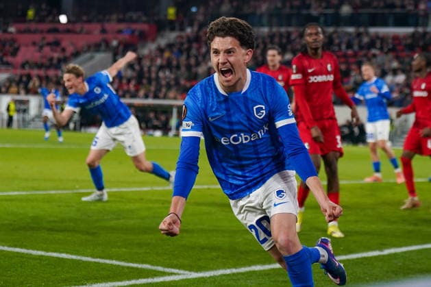 Germany Football UEFA Europa League 2025 2026, Round of 16 SC Freiburg vs KRC Genk Europa Park Stadion Goal and goal celebration to 2 1 by Konstantinos Karetsas KRC Genk, 20 joy, emotions, cheering, gesture, gesture, emotion, facial expression, facial expression, emotion Copyright: xJOERANxSTEINSIEKx
