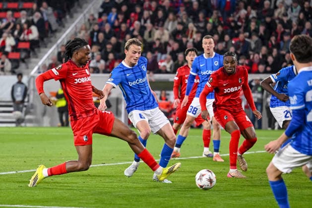 Matte Smets KRC Genk scores his team s first goal during the UEFA Europa League 2025 26 Round of 16 Second Leg match between SC Freiburg and KRC Genk at Stadion am Wolfswinkel on March 19, 2026 in Freiburg im Breisgau, Germany Photo by Harry Langer DeFodi Images