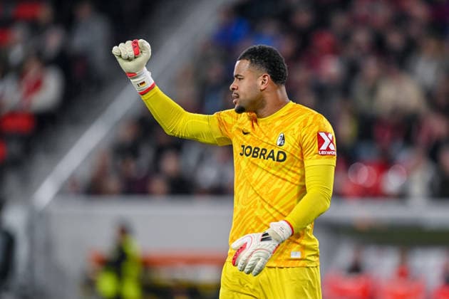 Goalkeeper Noah Atubolu SC Freiburg gestures during the UEFA Europa League 2025 26 Round of 16 Second Leg match between SC Freiburg and KRC Genk at Stadion am Wolfswinkel on March 19, 2026 in Freiburg im Breisgau, Germany Photo by Harry Langer DeFodi Images
