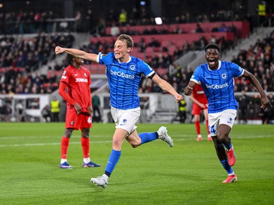 Matte Smets KRC Genk celebrates after scoring his team s first goal during the UEFA Europa League 2025 26 Round of 16 Second Leg match between SC Freiburg and KRC Genk at Stadion am Wolfswinkel on March 19, 2026 in Freiburg im Breisgau, Germany Photo by Harry Langer DeFodi Images