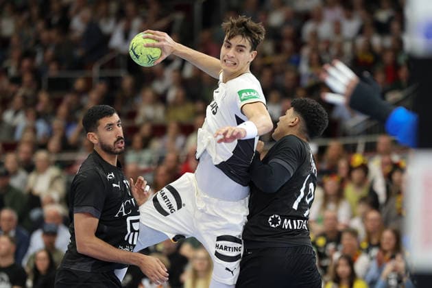 Germany Egypt, handball test match Julian Köster Germany, 18 throws against Yehia Khaled Egypt, 5 and Mohamed Emad Egypt, 19 Mens international handball match between Germany and Egypt at the Westfalenhalle in Dortmund on March 19, 2026, Dortmund North Rhine-Westphalia Germany Westfalenhalle