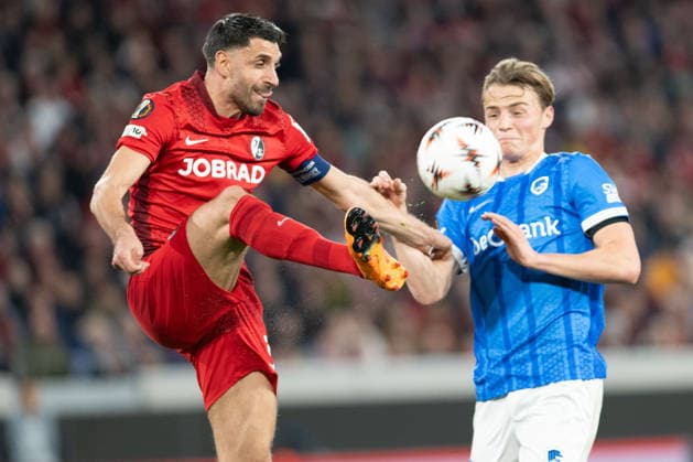 Vincenzo Grifo 32 SC Freiburg clears in front of Matte Smets 6 KRC Genk , SC Freiburg vs KRC Genk, Soccer, Europa League 2025 2026, Round of 16, 19 03 2026 Freiburg Baden Wuerttemberg Germany Copyright: xkolbert-press MarkusxVerwimpx