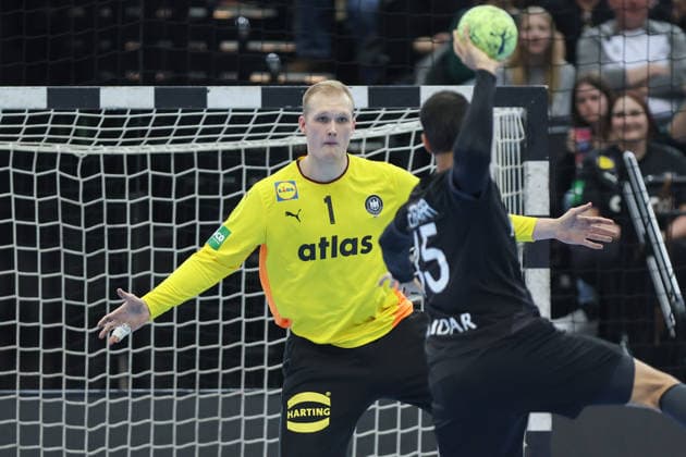 Germany Egypt, handball test match goalkeeper David Späth Germany, 1 expects a seven-meter penalty from Seif Elderea Egypt, 45 mens international handball match between Germany and Egypt at the Westfalenhalle in Dortmund on March 19, 2026, Dortmund North Rhine-Westphalia Germany Westfalenhalle