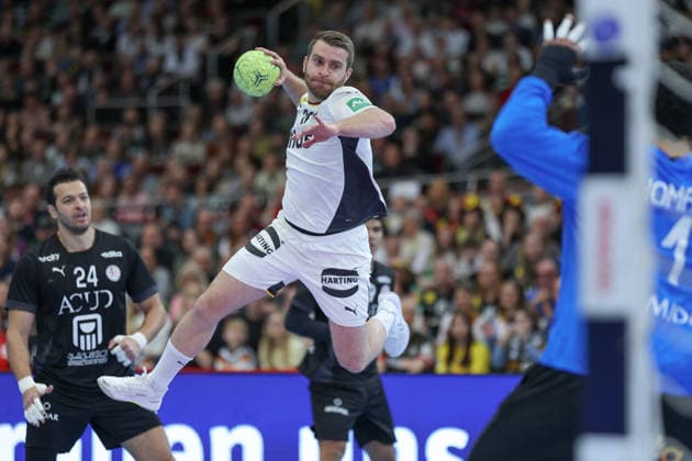 Germany Egypt, handball test match Lukas Mertens Germany, 36 throws at the goal of goalkeeper Abdelraham Homaied Egypt, 1 Left Ibrahim Elmasry Egypt, 24 Mens international handball match between Germany and Egypt at the Westfalenhalle in Dortmund on March 19, 2026, Dortmund North Rhine-Westphalia Germany Westfalenhalle