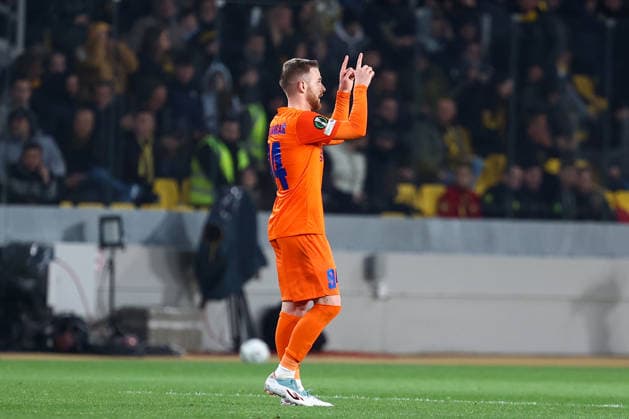 AEK Athens v NK Celje UEFA Europa League Rudi Pozeg Vancas of NK Celje celebrates scoring a goal during the UEFA Europa League Round of 16 Second Leg match at Allwyn Arena, Athens 19 03 2026 UK Newspapers OUT Copyright: xYannisxHalasx FIL-23160-0040
