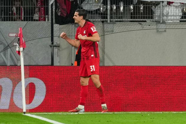 UEFA Europa League SC Freiburg vs KRC Genk, 19 03 2026 Igor MatanoviÄ‡ SC Freiburg, 31 with his goal celebration for 2 0 UEFA Europa League SC Freiburg vs KRC Genk, Europa Park Stadion, 19 03 2026 Copyright: xBEAUTIFULxSPORTS Boscox