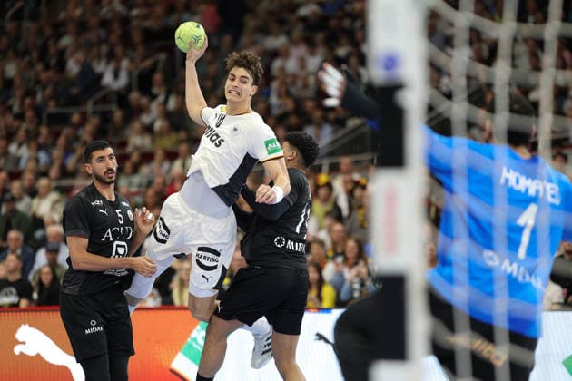 Germany Egypt, handball test match Julian Köster Germany, 18 throws against Yehia Khaled Egypt, 5 and Mohamed Emad Egypt, 19 on the goal of goalkeeper Abdelraham Homaied Egypt, 1 mens international handball match between Germany and Egypt at the Westfalenhalle in Dortmund on March 19, 2026, Dortmund North Rhine-Westphalia Germany Westfalenhalle