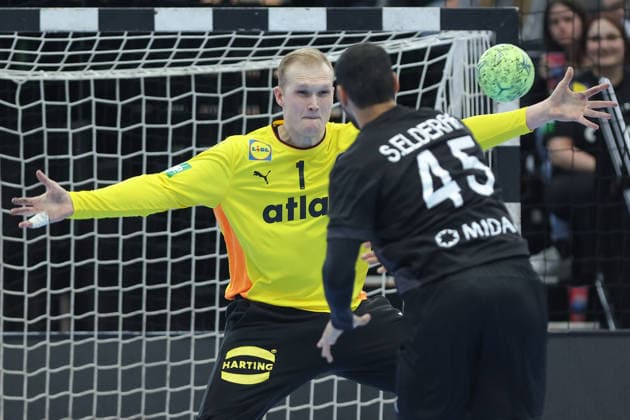 Germany Egypt, handball test match goalkeeper David Späth Germany, 1 expects a seven-meter from Seif Elderea Egypt, 45 mens international handball match between Germany and Egypt at the Westfalenhalle in Dortmund on March 19, 2026, Dortmund North Rhine-Westphalia Germany Westfalenhalle