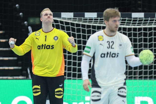 Germany Egypt, handball test match goalkeeper David Späth Germany, 1 , right Franz Semper Germany, 32 Mens international handball match between Germany and Egypt in the Westfalenhalle in Dortmund on March 19, 2026, Dortmund North Rhine-Westphalia Germany Westfalenhalle