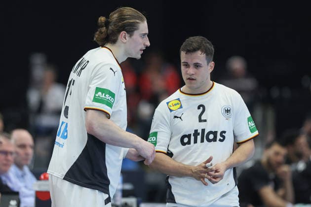 Germany Egypt, handball test match Juri Knorr Germany, 15 and Tim Freihöfer Germany, 2 Mens international handball match between Germany and Egypt in the Westfalenhalle in Dortmund on March 19, 2026, Dortmund North Rhine-Westphalia Germany Westfalenhalle
