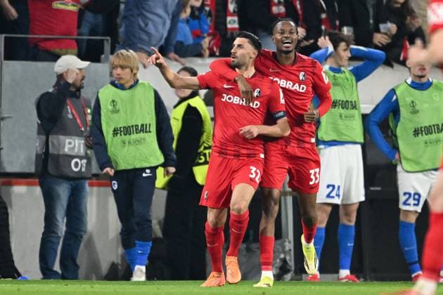 Freiburg s Vincenzo Grifo celebrates after scoring during a soccer game between German Club Freiburg and Belgian KRC Genk in Freiburg im Breisgau, Germany on Thursday 19 March 2026, the return leg of the 1 16 Finals of the UEFA Europa League tournament. Genk won the first leg 1-0. JILLxDELSAUX  x168216629x