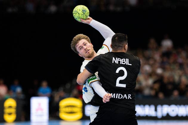19 03 2026 Handball, international match, Westfalenhalle Dortmund, Germany Egypt L R Franz Semper Germany , Nabil Sherif Egypt
