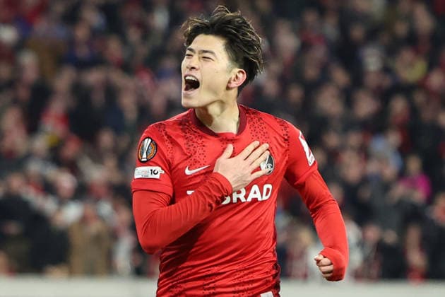 19 03 2026, xrekx, Football UEFA Europa League, SC Freiburg KRC Genk v l Goal celebration after the goal to celebrate the goal celebrate 4 1 by Yuito Suzuki SC Freiburg DFL DFB REGULATIONS PROHIBIT ANY USE OF PHOTOGRAPHS as IMAGE SEQUENCES and or QUASI VIDEO Freiburg