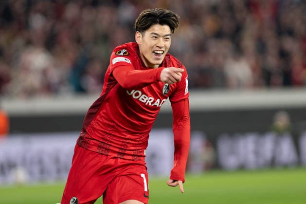 Goal celebration of Yuito Suzuki 14 SC Freiburg after the goal to 4 1, SC Freiburg vs KRC Genk, Soccer, Europa League 2025 2026, Round of 16, 19 03 2026 Freiburg Baden Wuerttemberg Germany Copyright: xkolbert-press MarkusxVerwimpx