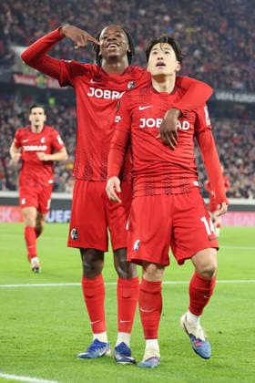 19 03 2026, xrekx, Football UEFA Europa League, SC Freiburg KRC Genk v l Goal celebration after the goal to celebrate the goal celebrate 4 1 by Yuito Suzuki SC Freiburg with Johan Manzambi SC Freiburg DFL DFB REGULATIONS PROHIBIT ANY USE OF PHOTOGRAPHS as IMAGE SEQUENCES and or QUASI VIDEO Freiburg