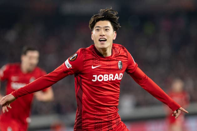 Goal celebration of Yuito Suzuki 14 SC Freiburg after the goal to 4 1, SC Freiburg vs KRC Genk, Soccer, Europa League 2025 2026, Round of 16, 19 03 2026 Freiburg Baden Wuerttemberg Germany Copyright: xkolbert-press MarkusxVerwimpx